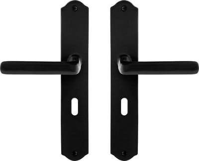 Deurkruk op schild - Smeedijzer zwart - Gietijzer - GPF - GPF6235.60 smeedijzer zwarte Deurklink Ilo op BB56, 238x41x4mm