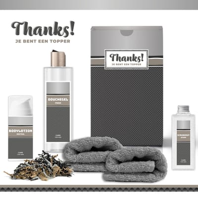 Geschenkset "Thanks! Je bent een topper" - 5 Producten - 610 Gram - Triomf Cosmetica | Giftset voor hem Luxe cadeaubox man Douchegel Bodylotion Scrubzout Vader Wellness Pakket Cadeau set bedankt Bedankt Thank You Broer Vriend Collega Zilver