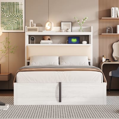 VVBV Gestoffeerd Opbergbed 90x200 cm - Hydraulische Opbergruimte, Hoofdbord, Voor Slaapkamer/Gastenkamer - Hout/Metaal Wit