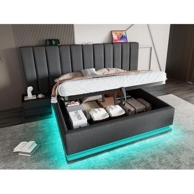 ModernLuxe Gestoffeerd linnenopbergbed 180×200cm - met LED en opladen - met lattenbodem - Grijs