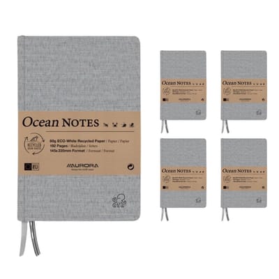 Aurora Notitieboek - Ocean - Recycled Kaft - Recycled Papier - A5 - 192 Bladzijden - Gelinieerd - 80g - Grijs - 4 Stuks