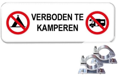 Parkeerbord Verboden te kamperen - Weerbestendig Aluminium - 40x15 cm - Bevestiging: Met paalbeugels Ø48mm