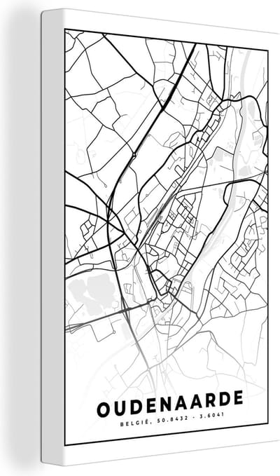 Canvas Schilderij Zwart Wit – België – Plattegrond – Stadskaart – Kaart – Oudenaarde - 20x30 cm - Wanddecoratie