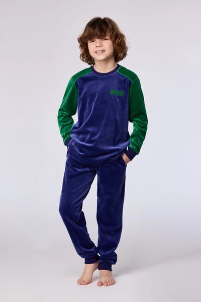 Woody pyjama jongens/heren velours - donkerblauw/groen - 'Nope' - 252-10-QRM-V/897 - maat 152