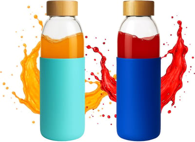 Glazen drinkfles x2 - Waterfles set van 2 met bamboe dop - Stijlvolle glazen fles met siliconen omhulsel - Drinkbus - Drink fles volwassenen - 500ml - BPA vrij - Transparant / Donkerblauw / Licht Blauw