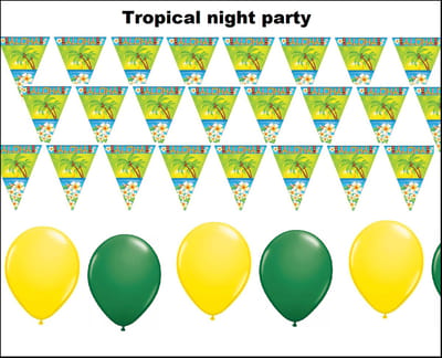 Tropical Night Party Set : 4x Vlaggenlijn Aloha Sunny party 500cm + 100x ballonnen groen/geel - Tropicalparty beachparty themafeest beach summer