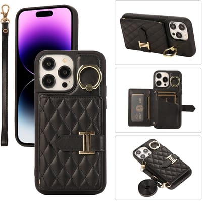 Modieuze crossbody telefoonhoes – geschikt voor Apple iPhone 16 – stijlvol & functioneel hoesje met kaarthouder en draagkoord - Paars