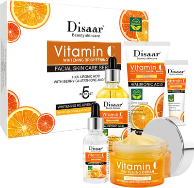 Disaar Vitamine C Whitening Cadeauset - 5-delige huidverzorgingsset gezicht, anti aging, hydratatie, stralende teint, complete verzorgingsroutine voor alle huidtypes, dag- en nachtverzorging