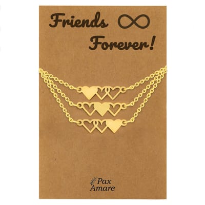 BFF Ketting voor 3 ' Friends Forever' - Hartjes - Vriendschapsketting op Cadeau Kaartje - 45cm + 5cm verstelbaar - Goudkleurig - Best Friends Hanger - Pax Amare