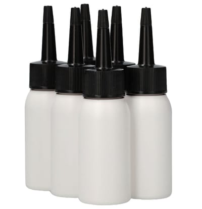6 x 50 ml ronde fles HDPE wit + doseer tuitdop knijpbaar zwart - BPA Vrij - Niet Breekbaar - Plastic Flesjes Navulbaar - Met Dop - Lege Flessen - 6 stuks