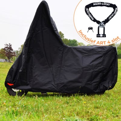 Maxxcovers - Scooterhoes met Windscherm Waterdicht - Inclusief ART 4 Kettingslot - Universele Hoes voor Buiten - Ook voor Vespa Sprint Scooter - Maat M - Zwart