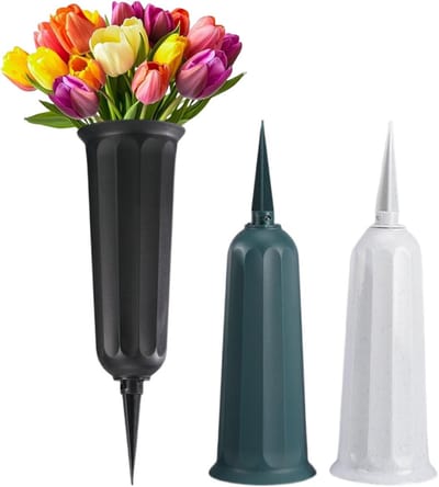 Grafvaas Set - Bloemenhouder Tuin - Bloemen Presenteren - Met Grondpen - 3 Stuks 25cm - Zwart Grijs Groen