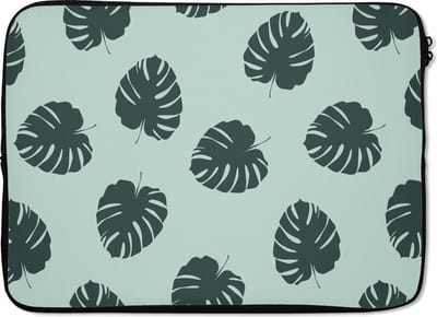 Laptophoes 14 inch - Zomer - Bladeren - Blauw - Laptop sleeve - Binnenmaat 33x23 cm - Zwarte achterkant