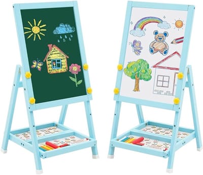 Quvo® Krijtbord Staand - Krijtbord Kinderen Met Opbergruimte – Tekenbord Met Cijfers en Accessoires –Dubbelzijdig Schoolbord - Schrijfbord Uitwisbaar – Whiteboard – Educatief Speelgoed - Schildersezel - Blauw - 30cm x 30cm x 55cm