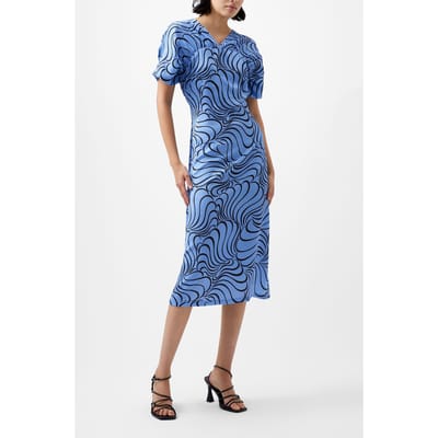 French Connection Felecia Eliza Dress Dusted Blue/blackout Size: 6 | Midi Dresses Outlet | Dames | Blauw