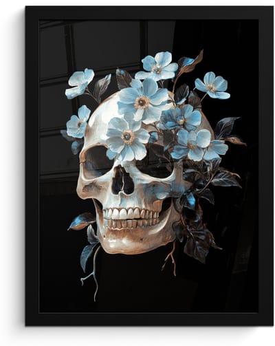 Poster in lijst - Fotolijst 30x40 cm - Posters - Schedel - Blauw - Bloemen - Bladeren - Posterlijst zwart - Decoratie - Wanddecoratie woonkamer - Muurdecoratie slaapkamer
