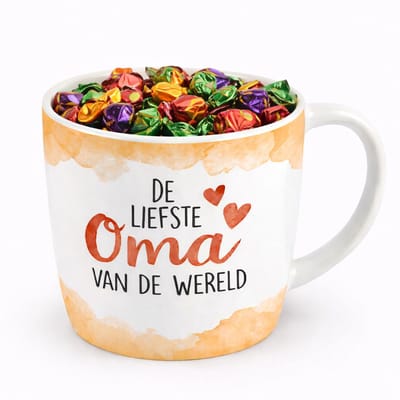 Mok - Koffie - Cadeau - Traktatie - Oma - Toffeemix - Zijden lint: "Speciaal voor jou"