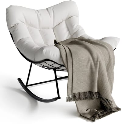 Turold Stoel - Schommelstoel - Relaxfauteuil - Relaxstoel - Papasan Schommelstoel, Dik Kussen, Moderne Wicker, Loungestoel Wit