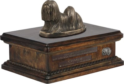 Persoonlijke houten urn voor Lhasa Apso met beeldje van hond