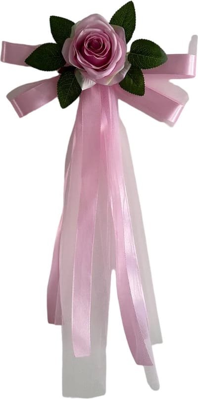autodeco.nl SIA ROZE Handvatten Decoratie 4 stuks - Trouwauto Versiering - Roze Rozen met Linten en Tule - Bloemen voor op de Handvatten - Versiering Handvat Auto - Autoversiering voor Volgauto's