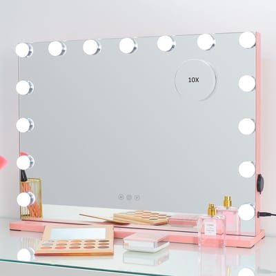 Grote Hollywood Vanity Spiegel met 15x LED Lampen en Tafelblad - Verstelbare Kleuren - Touchscreen Bediening en USB-Oplaadpoort - Wand Make-upspiegel - Roze