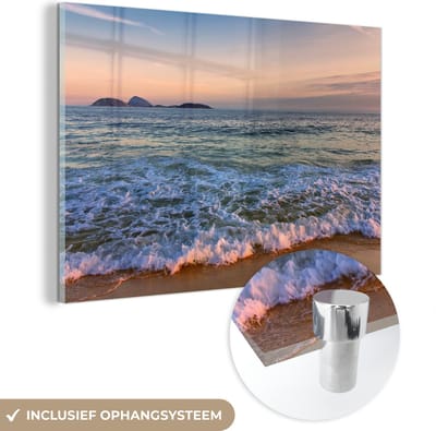 ® Glasschilderij 180x120 cm - Schilderij acrylglas - Zicht over de zee van het Braziliaanse strand van Ipanema - Foto op glas - Muurdecoratie woonkamer - Wanddecoratie slaapkamer - Schilderijen