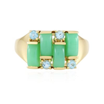 Cavill - Zilveren ring met vergulde 925 sterling en chrysopraas baguette-cabochon 1,98 ct en blauwe topaas 0,21 ct - Elegante edelstenen ring