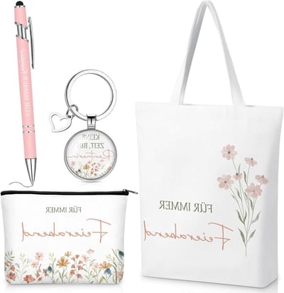 Set van 4 Afscheidscadeaus voor Vrouwen, Pensioen, Collega's, Leraren - Make-up Tas, Sleutelhanger, Cadeautas en Balpen