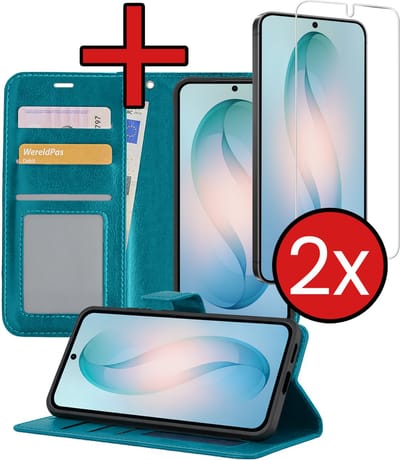 Hoesje - Met 2x Screenprotector - Geschikt voor Samsung Galaxy S26 - Luxe Pasjeshouder - Flip Case - Bookcase Portemonee - Kunstleer Book Case - Flipcase Hoes - Book Cover - Walletcase - Portemonneehoes - Telefoonhoes - Turquoise