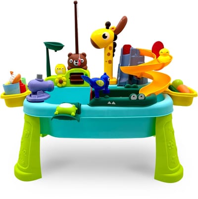 Kuddo Watertafel Kinderen – 4-in-1 Speeltafel met Water, Zand, Vissen en Glijbaan – Buitenspeelgoed voor Peuters – Inclusief Accessoires