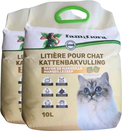 Famiflora Kattenbakvulling Marseille Zeep - 2x 10L - Bentoniet Kattengrit - Extra Klonterend & Geurabsorberend - Fris Parfum