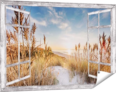 Gards Tuinposter Doorkijk Strand en Zee vanuit Duinen met Zonsondergang - 120x80 cm - Tuindoek - Tuindecoratie - Wanddecoratie buiten - Tuinschilderij