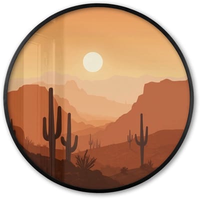 Poster in lijst Rond - Fotolijst 60x60 cm - Posters - Landschap - Woestijn - Cactussen - Zon - Ronde posterlijst zwart - Decoratie - Wanddecoratie woonkamer - Muurdecoratie slaapkamer