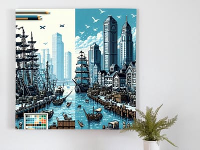 Pixel art haven schilderij | Haven van digitale dromen: Een kunstzinnige pixelwereld ontvouwt zich | Kunst - 60x60 centimeter op Forex | Foto op Forex