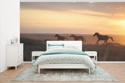Behang - Fotobehang Wilde paarden rennen in een grasveld - Breedte 430 cm x hoogte 240 cm