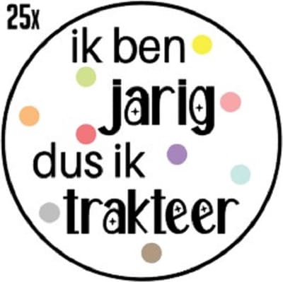 25x Sluitsticker Ik ben jarig dus ik trakteer - gekleurde stippen - 40 mm - Sluitzegel Feest - Sluitsticker - Chique inpakken - Traktatie - Verjaardag - Feest - Kinderfeest - Kinderverjaardag