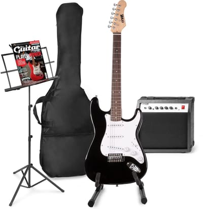 Elektrische gitaar met gitaar versterker - MAX Gigkit 4/4 - Perfect voor beginners - incl. gitaar standaard, muziekstandaard, gitaar stemapparaat, gitaartas en plectrum - Zwart