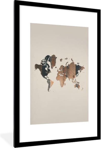 Poster in lijst - Fotolijst 60x90 cm - Posters - Wereldkaart - Houten plank - Bruin - Posterlijst zwart - Decoratie - Wanddecoratie woonkamer - Muurdecoratie slaapkamer