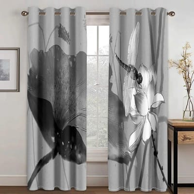 Chinees landschap lotusbloemgordijnen, 3D-printgordijnen voor slaapkamer, woonkamerdecor, zwart en wit W50xH130(CM)x2PCS-Rod pocket