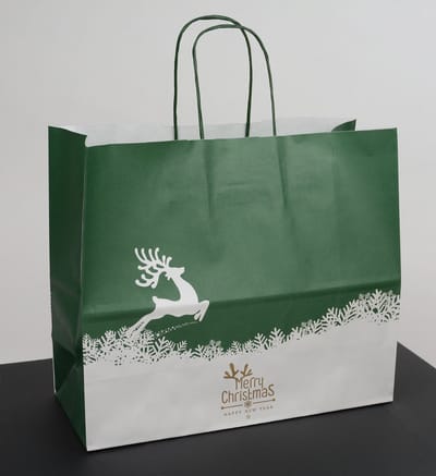 Kersttassen Papier - Merry Christmas - Rudolph - HNY - Groen Goud - 32 + 13 x 28 cm - 25 stuks - Winterfeest tas