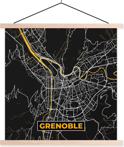 Posterhanger incl. Poster 40x40 cm - Schoolplaat - Grenoble – Plattegrond – Frankrijk – Kaart – Stadskaart - Textielposter - Blanke latten - Stadskaart