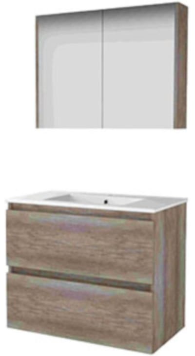 Basic-Line Comfort 46 Badkamermeubelset - 80 x 46 cm - Greeploos - 2 Lades - Keramische Wastafel - 1 Kraangat - Spiegelkast - Scotch Oak