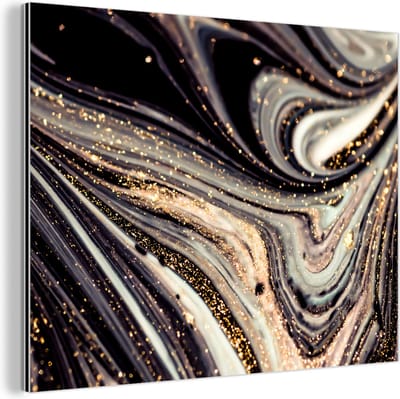 Wanddecoratie Metaal - Aluminium Schilderij Industrieel - Marmerlook - Zwart - Goud - Wit - Glitter - Marmer - 80x60 cm - Dibond - Foto op aluminium - Industriële muurdecoratie - Voor de woonkamer/slaapkamer