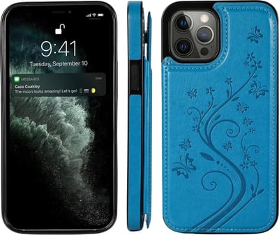 Hoesje geschikt voor iPhone 16 - Backcover - Pasjeshouder - Portemonnee - Bloemenprint - Kunstleer - Blauw