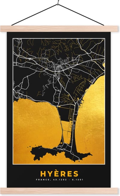 Posterhanger incl. Poster 40x60 cm - Schoolplaat - Plattegrond – Hyères – Stadskaart – Kaart – Frankrijk - Textielposter - Blanke latten - Stadskaart