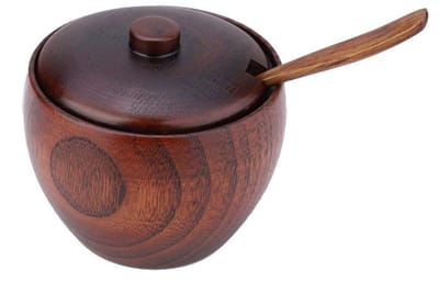Dailygoods- Kruidenpot Houten - Suikerkom/Zoutpot - Condimentenopslag - Keukengereedschap met Lepel - Afmetingen 8x9cm - Milieuvriendelijk Materiaal - Opslagpot