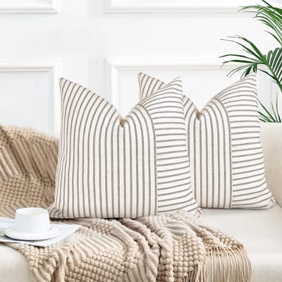 Set van 2 kussenslopen, 50 x 50 cm, katoenen linnen kussensloop, bankkussenhoezen, strepen, decoratieve kussenhoezen voor bank, woonkamer, slaapkamer, buitenkussen, 50 x 50 cm, grijs