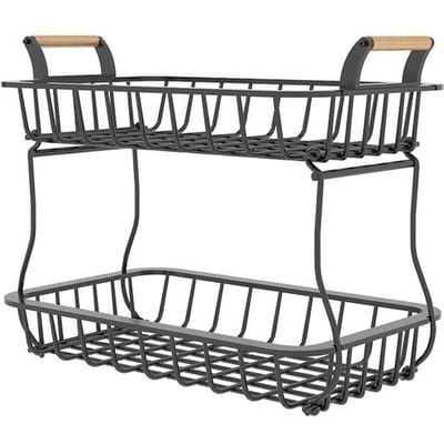 Panier de rangement à fruits à 2 niveaux, organiseur de comptoir de cuisine avec poignée en bois, bol en acier au carbone et maille noir