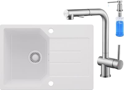 Anycee MAX Spoelbak Keuken Wit - Granieten Spoelbak 65x45CM - Spoelbakken Keuken Met 360°Draaibereik Keukenkraan en Zeepdispenser - Spoelbakken Met Afdruip - Opbouw Spoelbak
