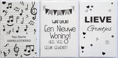 3 Wenskaarten - Nieuwe Woning + Hartelijk Gefeliciteerd + Lieve Groetjes - 12 x 17 cm – WON-301